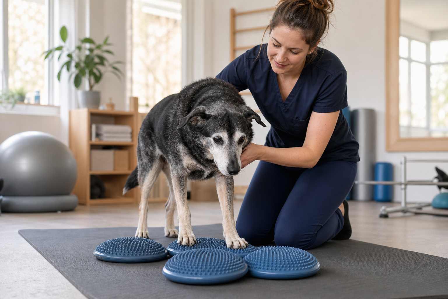 Dierfysiotherapeut doet een oefening met een hond