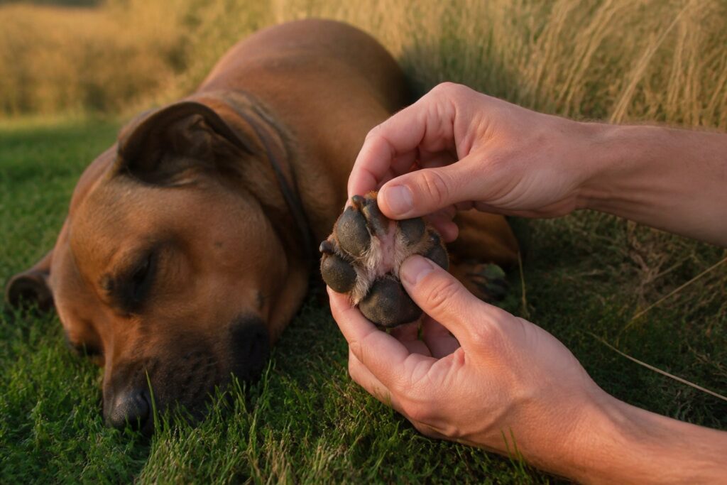 Twee handen controleren tussen de tenen van de voorpoot van een bruine hond in het gras