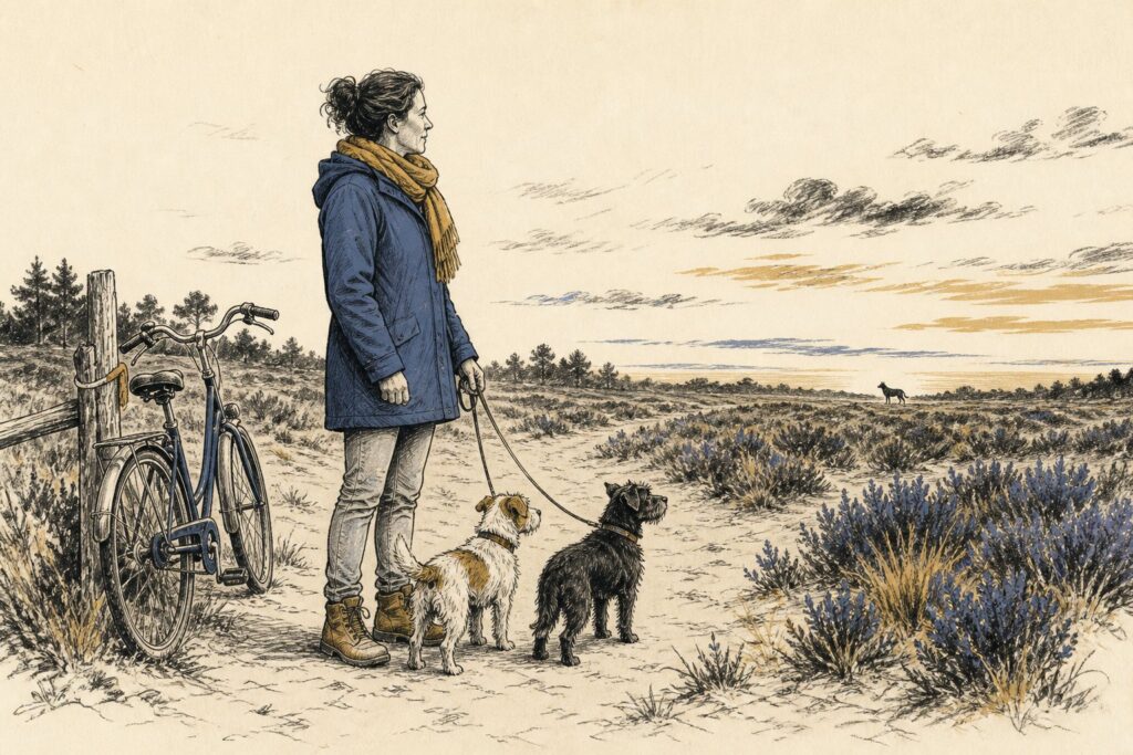 Lijnillustratie van een vrouw met twee kleine honden aan een korte lijn op een heidepad, in de verte een grote hondachtige